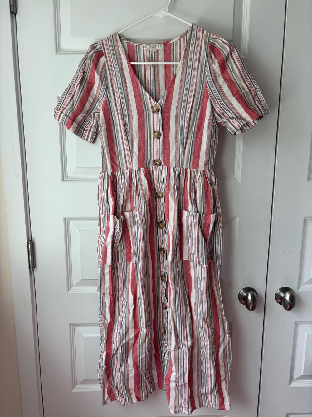 Love Riche Red & White Striped Button-Front Midi Dress